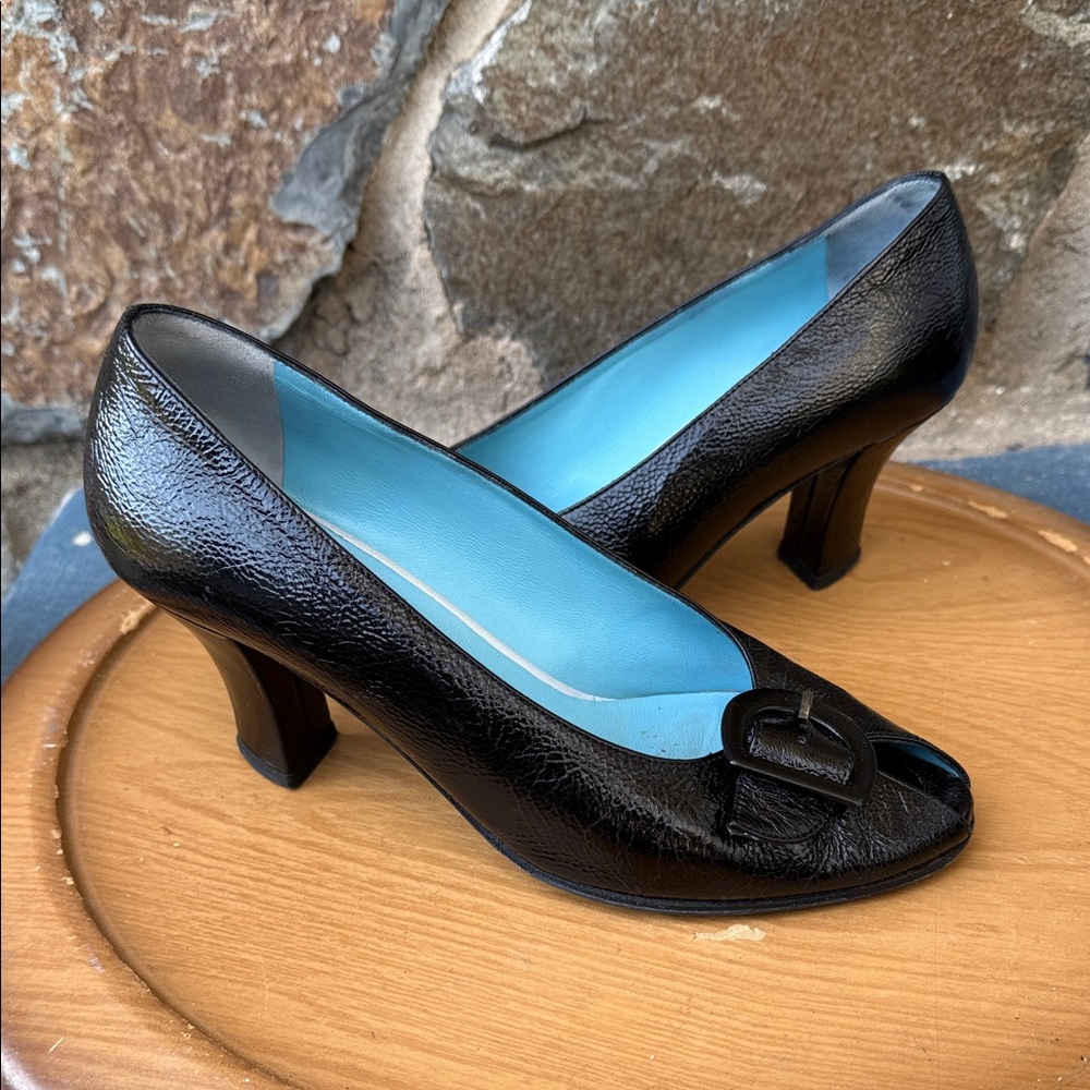Thierry Rabotin Peep Toe Pumps Black Leather Low Heel Size 36.5